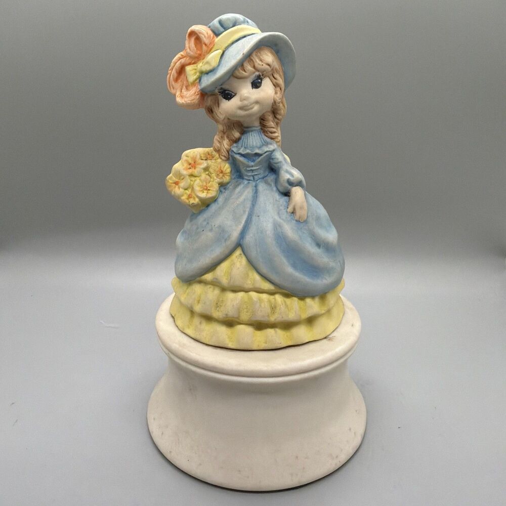 Vintage 1973 Byron Molds Ceramic Girl Figurine Music Box Anniversary Waltz 70s